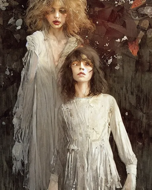 Image similar to two gorgeous but creepy siblings in layers of fear, with haunted eyes and wild hair, 1 9 7 0 s, seventies, wallpaper, a little blood, moonlight showing injuries, delicate embellishments, painterly, offset printing technique, by coby whitmore, jules bastien - lepage