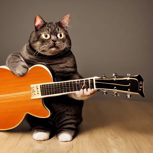 Prompt: cute fat cat playing guitar, studio photography