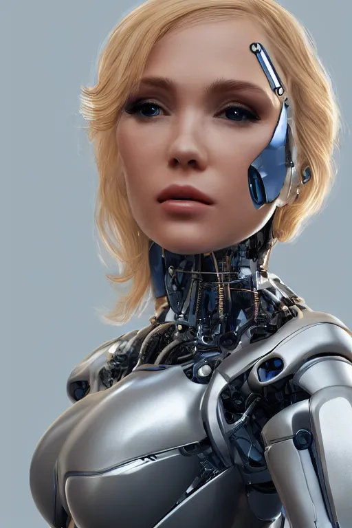 Image similar to a beautiful woman with blonde hair wearing robot suit with wires and light, highly detailed, photorealistic, artstation, smooth