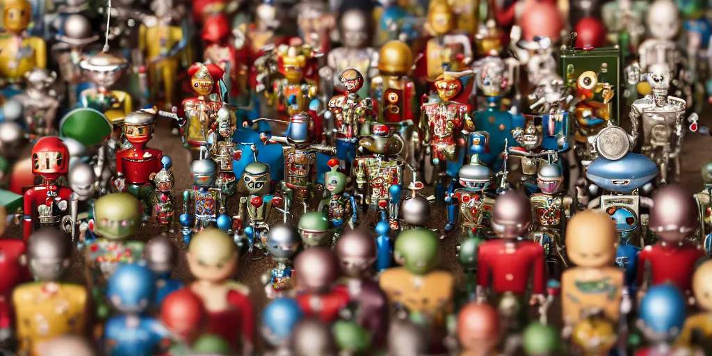 Image similar to closeup portrait of tin toy soldiers retro living room of robot family, depth of field, zeiss lens, detailed, centered, fashion photoshoot, by nicoletta ceccoli, mark ryden, lostfish, breathtaking, 8 k resolution, extremely detailed, beautiful, establishing shot, artistic, hyperrealistic, octane render, - h 8 0 4