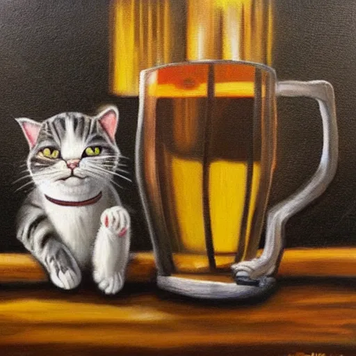 Image similar to oil in canvas of a cat drinking beer a bar, it is sad