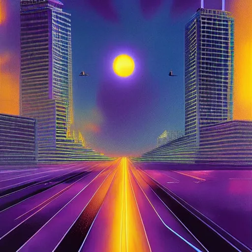 Prompt: eclipse over futuristic crystal city infinite traffic, synthwave bright neon colors highly details cinematic vladimir kush, philippe dru, roger deal, bob egg, leton, michael whelan,