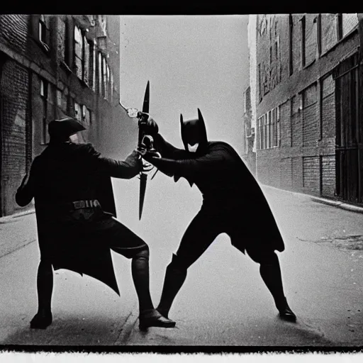 Image similar to old black and white photo, 1 9 2 5, depicting batman fighting a bad guy in an alley of new york city, tommy gun, rule of thirds, historical record