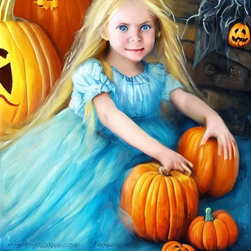 Prompt: a cute happy little girl with long golden blonde hair and blue eyes wearing a sky blue dress sitting amidst halloween decor, pumpkins, skulls. beautiful painting by raymond swanland and magali villanueve, beautiful detailed face.