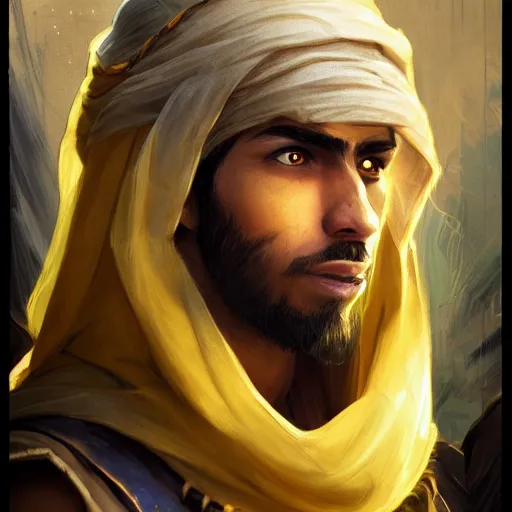 Image similar to portrait of young arabian nomad half wolf, with yellow cloths, league of legends splash art, hearthstone splash art, full body shot, rule of thirds, ultrafine hyperrealistic detailed face, artgerm, greg rutkowski, trending on artstation, 8 k, intricately detailed, highly detailed