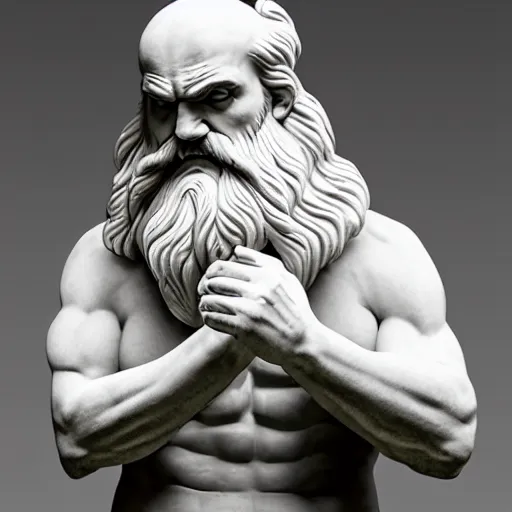 Prompt: epic greek marble statue of a grumpy bald man with a long beard, photo, chiaroscuro