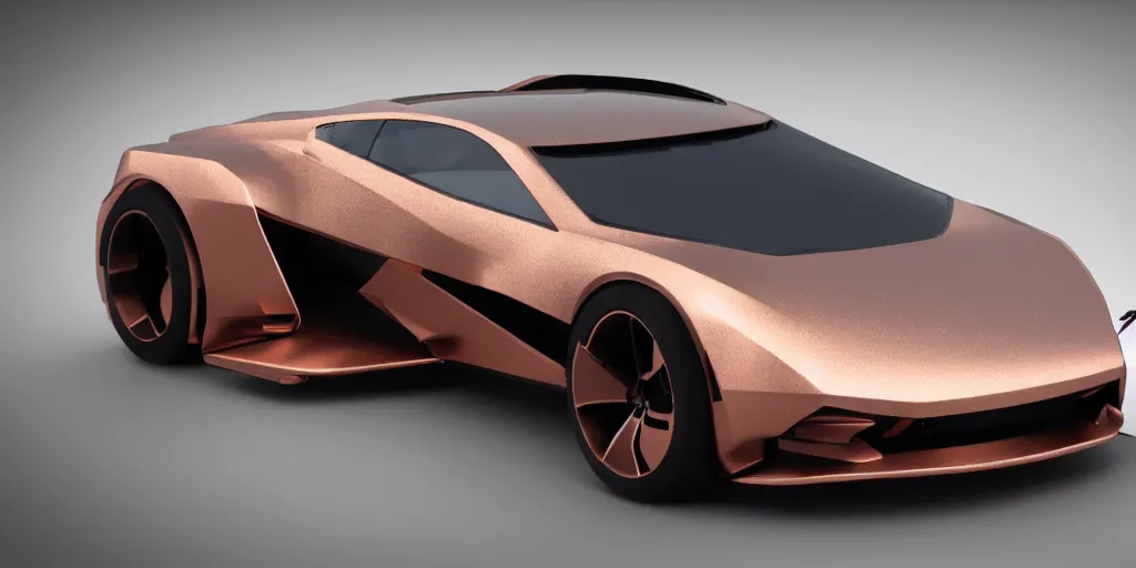 Image similar to a design of a futuristic DMC Delorian, designed by Polestar, blade runner background, back view, light copper car paint, black windows, sportscar, black show room, dramatic lighting, octane rendering, unreal engine rendering, hyper realistic render, depth of field, octane rendering