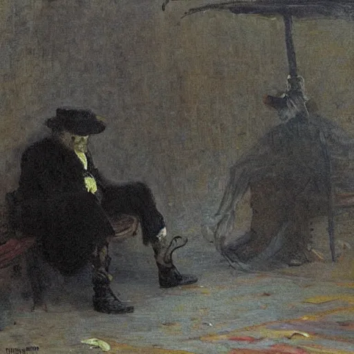 Prompt: A diphenhydramine trip, hat man, spiders, shadows, dark mood, by Ilya Repin