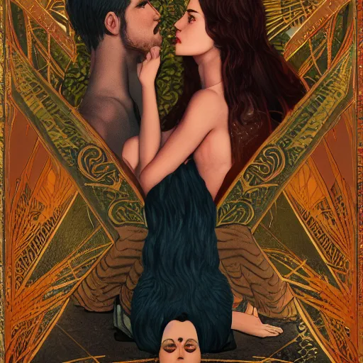 Image similar to the lover tarot card, a female and a male character looking in each others eyes, digital illustration, detailed, 8 k, artstation, detailed and intricate, 8 k resolution, hyperrealistic, octane render, cinematic,