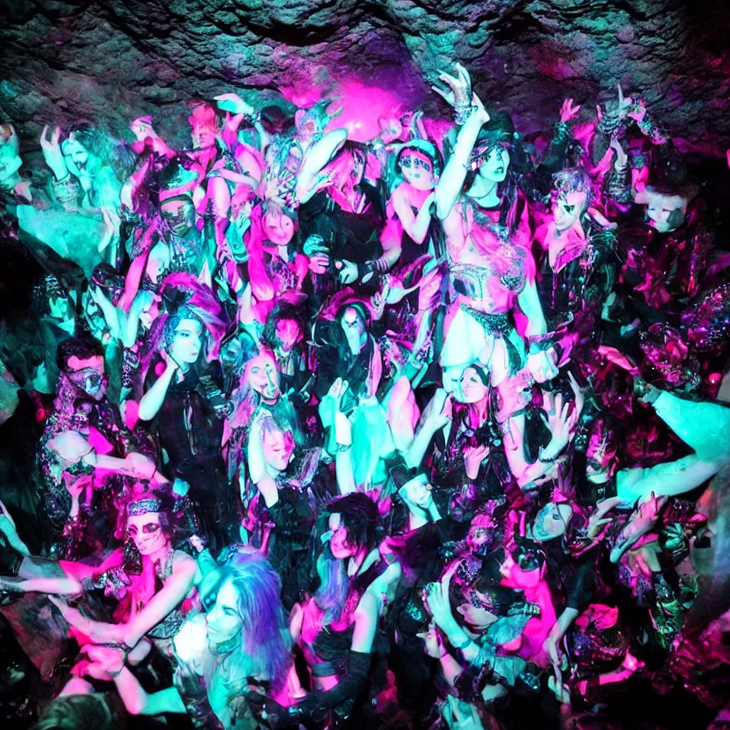 Prompt: goth disco in a cave with holographic knives!!! with pink lasers and blue crystals, brutal weapons!!! swords!!! goth people dancing, dark evil ritual, 8 k photograph