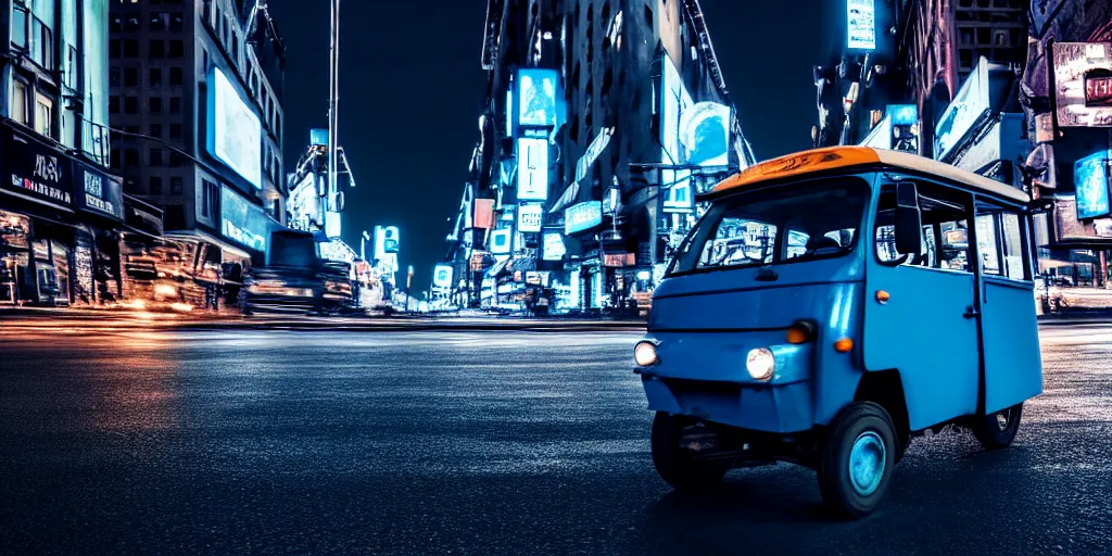 Image similar to an open frame blue tuk tuk going through a desolate manhattan city street at night, statue of liberty seen in the background, realistic 4 k octane beautifully detailed render, 4 k post - processing, highly detailed, detailed face, intricate complexity, epic composition, magical atmosphere, cinematic lighting, masterpiece, color picture, ultra hd