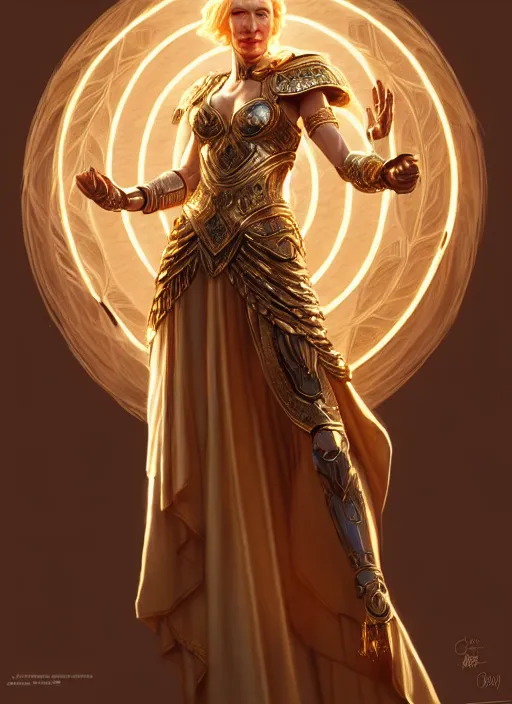 Image similar to cate blanchett as goddess athena, intricate, elegant, glowing lights, highly detailed, digital painting, artstation, glamor pose, concept art, smooth, sharp focus, illustration, art by artgerm and greg rutkowski, artey freytag