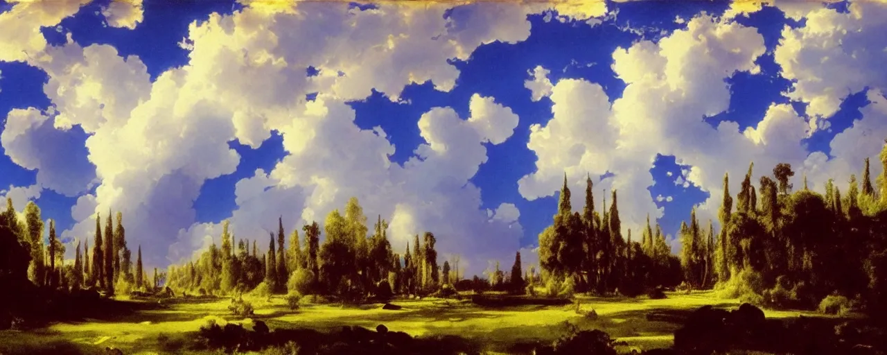 Image similar to disney illustrated background of blue sky huge clouds by eugene von guerard, ivan shishkin, john singer sargent