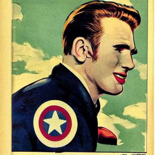 Image similar to Chris Evans portrait, color vintage magazine illustration 1950