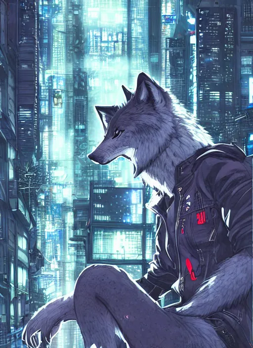 Image similar to character portrait of a male anthro wolf fursona with a tail and a cute beautiful attractive detailed furry face wearing stylish cyberpunk clothes in a cyberpunk city at night while it rains. hidari, color page, tankoban, 4K, tone mapping, Akihiko Yoshida.