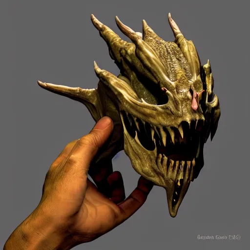 Prompt: old hands holding the last remaining dragon skull, zbrush