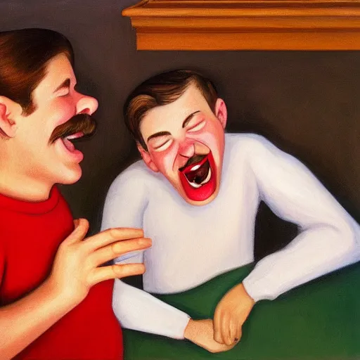 Image similar to long shot of a man with brown hair and mustache laughing with a short brown hair boy with red shirt by pj crook, edward hopper, oil on canvas