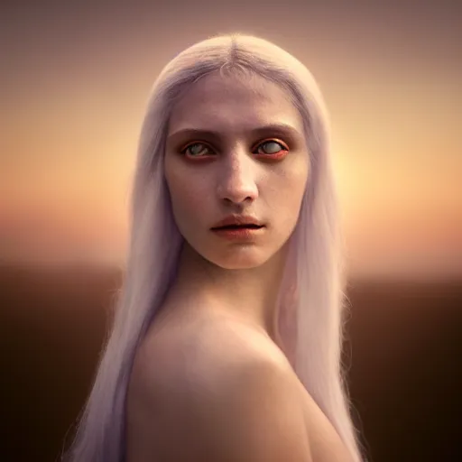 Prompt: photographic portrait of a stunningly beautiful renaissance priestess female in a white eyes trance, in soft dreamy light at sunset, contemporary fashion shoot, by edward robert hughes, annie leibovitz and steve mccurry, david lazar, jimmy nelsson, breathtaking, 8 k resolution, extremely detailed, beautiful, establishing shot, artistic, hyperrealistic, beautiful face, octane render