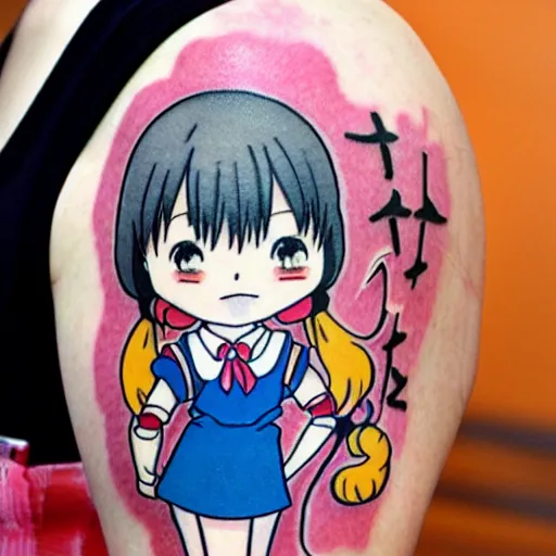 Image similar to a cute manga school girl tattoo by Hayao Miyazaki and Naoko Takeuchi, manga japanese school girl, tattoo on upper arm