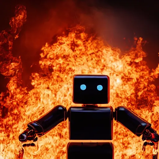 Prompt: cinematic shot of a tall all-black metallic humanoid robot with glowing red eyes holding a machine gun and walking through the burning ruins of a luxury casino filled with smoke, 8k, dslr, epic, dramatic,