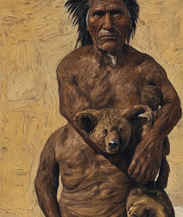 Image similar to indigenous man carrying a bear, painted by lucian freud, hd, super detailed, realistic, muted colors