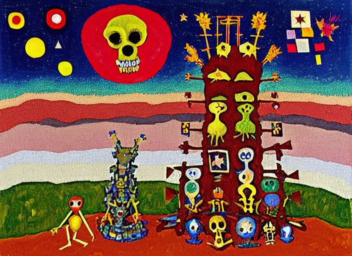 Image similar to pixel decollage painting tarot lovers card composition tower of babel road red armor maggot bear and wonky alien frog skeleton knight on a horse in a dark red cloudy night sky with golden foil jewish stars and diamonds, mountain lake and blossoming field in background, painted by Mark Rothko, Helen Frankenthaler, Danny Fox and Hilma af Klint, pixelated, neo expressionism, semi naive, pastel colors, cinematic, color field painting, cave painting, voxel, pop art look, outsider art, minimalistic. Bill Traylor painting, part by Philip Guston, Amano and Francis Bacon. art by Adrian Ghenie and Storm Thorgerson, very coherent symmetrical artwork, cinematic, hyper realism, high detail, octane render, unreal engine, Smooth gradients, depth of field, full body character drawing, extremely detailed, 8k, extreme detail, intricate detail, masterpiece