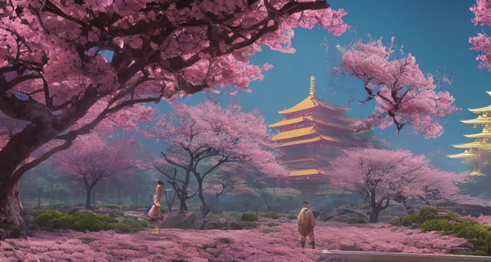 Image similar to Futuristic Japanese landscape with lots of Sakura blossoms and a temple, center composition, cinematic, rendered by simon stålenhag, rendered by Beeple, Makoto Shinkai, syd meade, environment concept, digital art, starwars, unreal engine, 3 point perspective, WLOP, trending on artstation, low level, 4K UHD image, octane render,