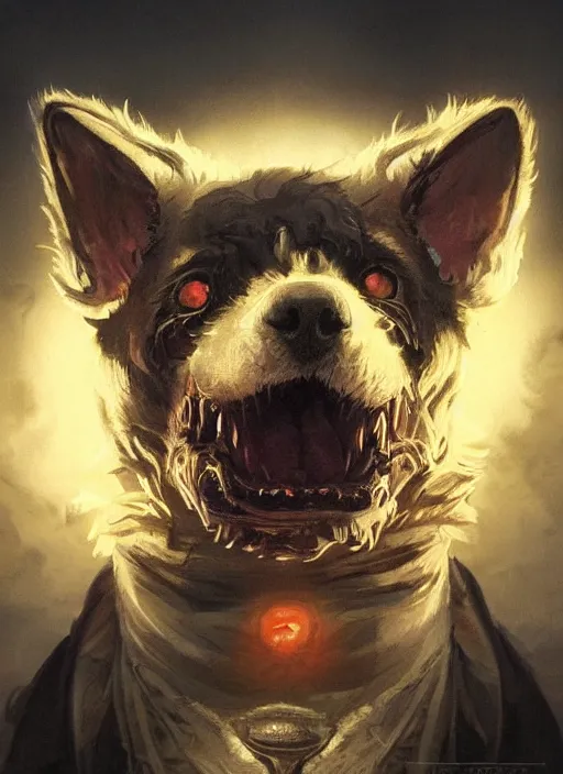 Image similar to vicious dog with three heads, glowing eyes and matted fur, sinister portrait, highly detailed, digital painting, artstation, concept art, matte, sharp focus, illustration, dramatic, cinematic sunset, hearthstone, art by artgerm and greg rutkowski and alphonse mucha