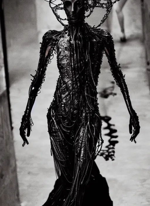 Prompt: walking down the catwalk, steven klein, show, stage, vogue photo, podium, fashion show photo, historical baroque dress dark, iris van herpen, beautiful woman, full body shot, masterpiece, intricate, wires, veins, jellyfishs, biopunk, guyver, highly detailed