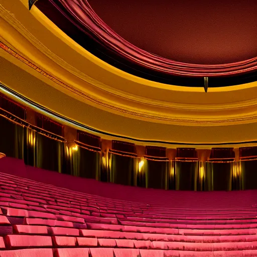 Prompt: landscape architect art of a large ominous theatre with a large center - stage lit by the sunlight of a skylight dome above the stage, detailed illustration, dramatic lighting