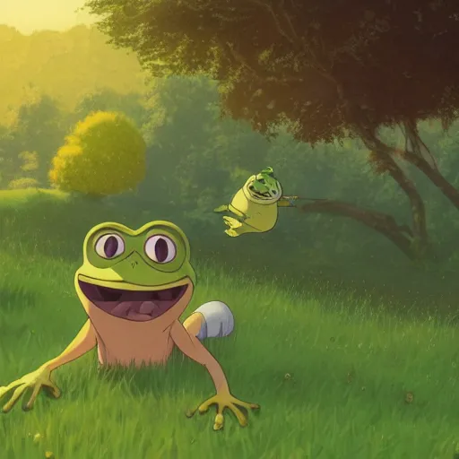 Image similar to a wholesome animation key shot of pepe the frog and a cat playing on a hill, medium shot, studio ghibli, pixar and disney animation, sharp, rendered in unreal engine 5, anime key art by greg rutkowski, bloom, dramatic lighting