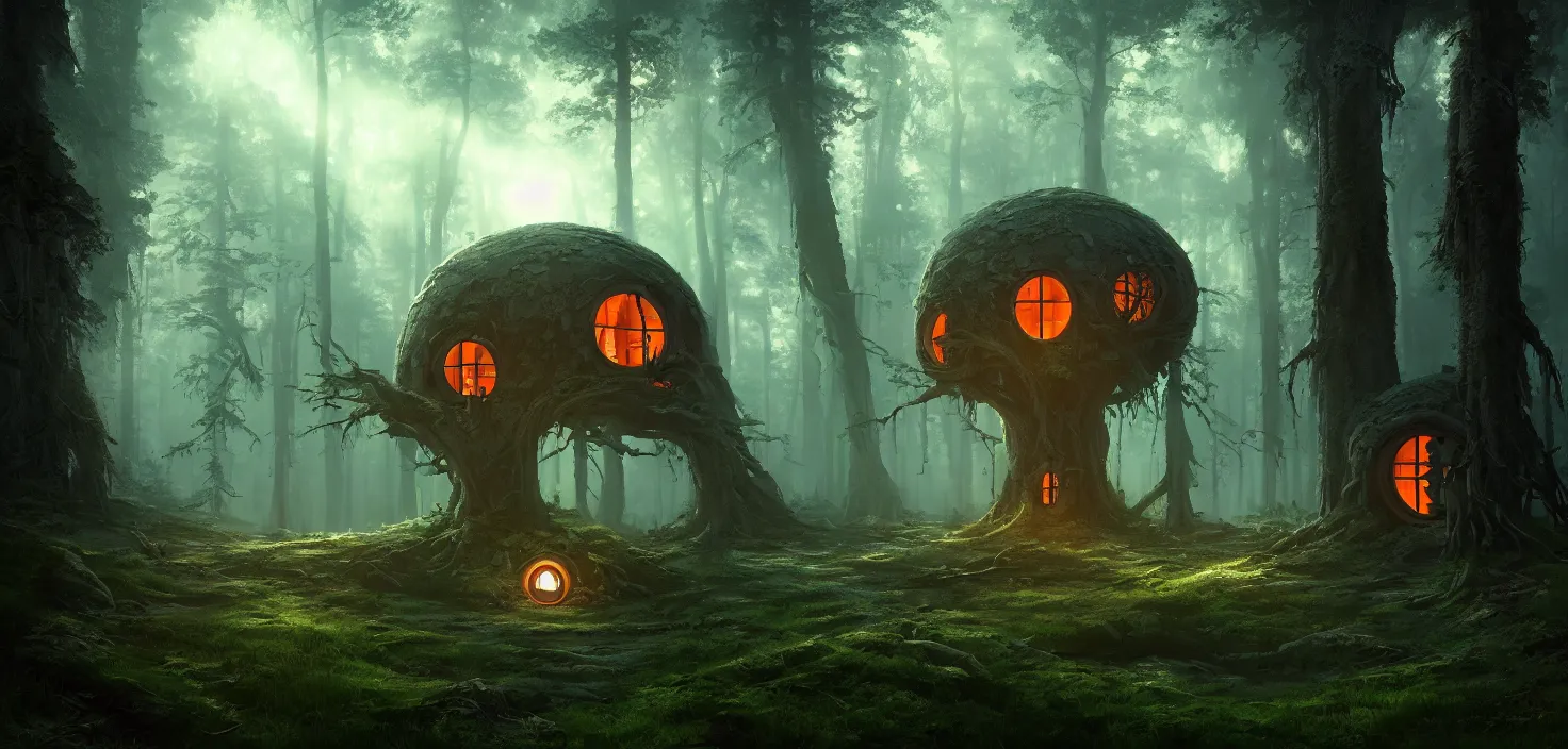 Image similar to random scary forest house landscape, round glowing portal, incredible, vector art, octane render, fabulous, hyper detailed, random cinematic view, no noise, global illumination, warm lighting, volumetric, godrays, vivid, beautiful, by jordan grimmer