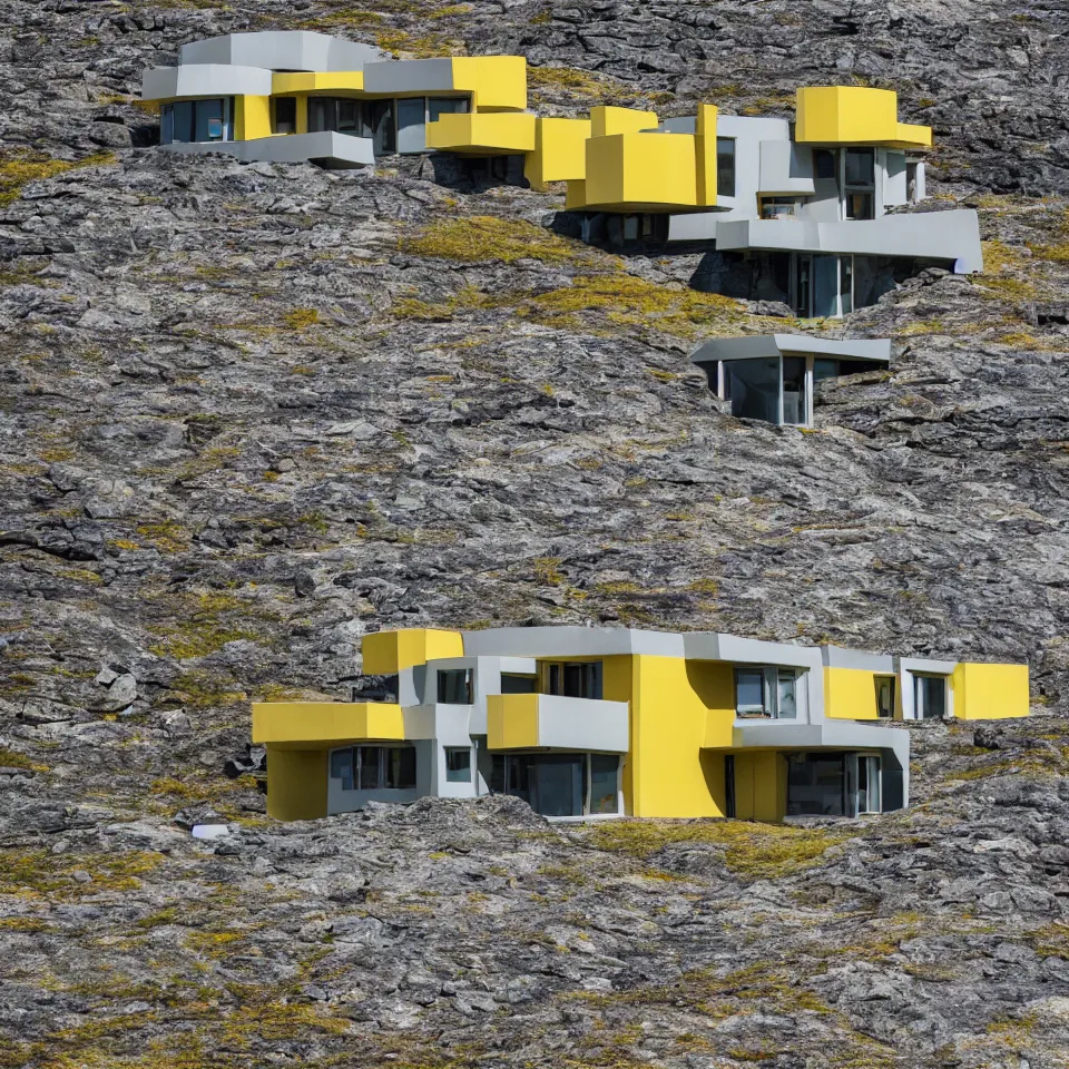 Image similar to a big mid-century modern house on top of a cliff in the arctic, designed by Frank Gehry, with a long gravel pathway towards it. Big tiles. Film grain, cinematic, yellow hue