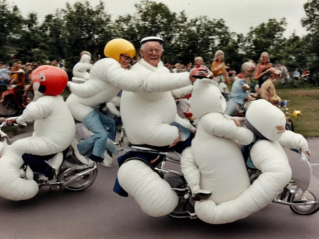 Prompt: a martin parr photo of a grandpa couple, wearing michelin man white body costumes, going super fast on a motorbike, 1 9 7 0 s kodachrome colour photo, flash on camera,