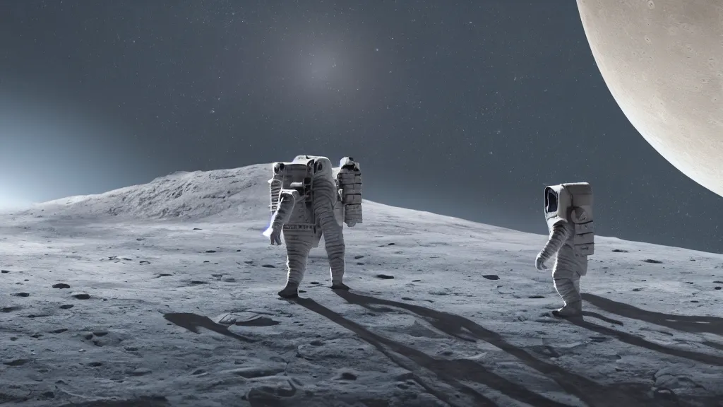 Prompt: side view of a futuristic astronaut pulling some wheeled luggage behind him on the surface of the Moon, concept art, matte painting, artstation