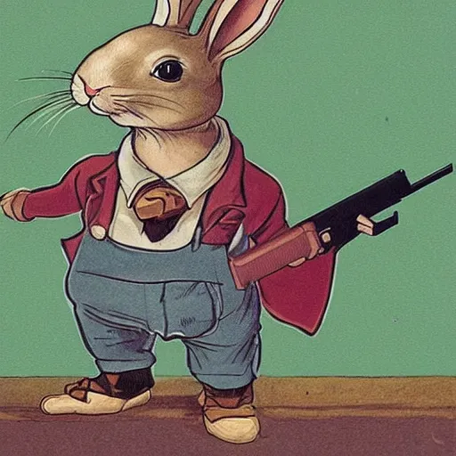 Prompt: it is no fun when the rabbit has the gun