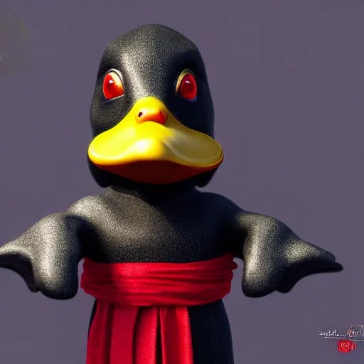 Image similar to photorealistic cute mallard duck, wearing cultist red robe, standing at an altar, black feathers, glowing arcane eyes, very detailed black feathers, ultra detailed, cgi, photorealistic, unreal engine 5, nft portrait, 3 d, digital art, 8 k, octane render, trending on art station