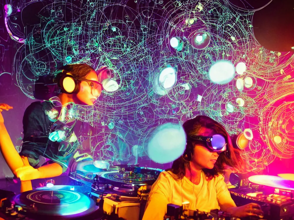 Image similar to an indian woman wearing goggles and visor and headphones using a retro record player contraption, microphone, speakers, turntablism dj scratching, screens, smoky atmosphere, intricate planetary gears, cinematic, imax, sharp focus, leds, bokeh, iridescent, black light, fog machine, hazy, lasers, hologram, hyper color digital art