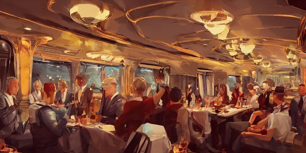 Prompt: i bet there's rich folks eating in a fancy dining car, global lighting, digital art, artstation