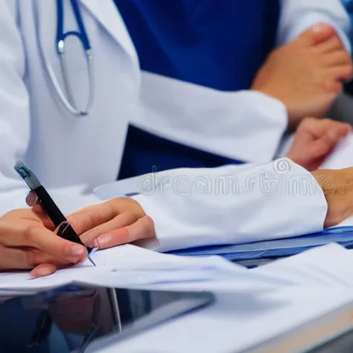 Prompt: Doctor filling a release form. stock photography
