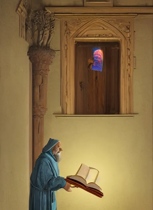 Image similar to an old wizard in robes holding a book standing in front of an elaborate ancient wooden door, beautiful colourful fantasy rendering, Agnolo Bronzino, Simon Stälenhag, ilm, beeple, N.C. Wyeth