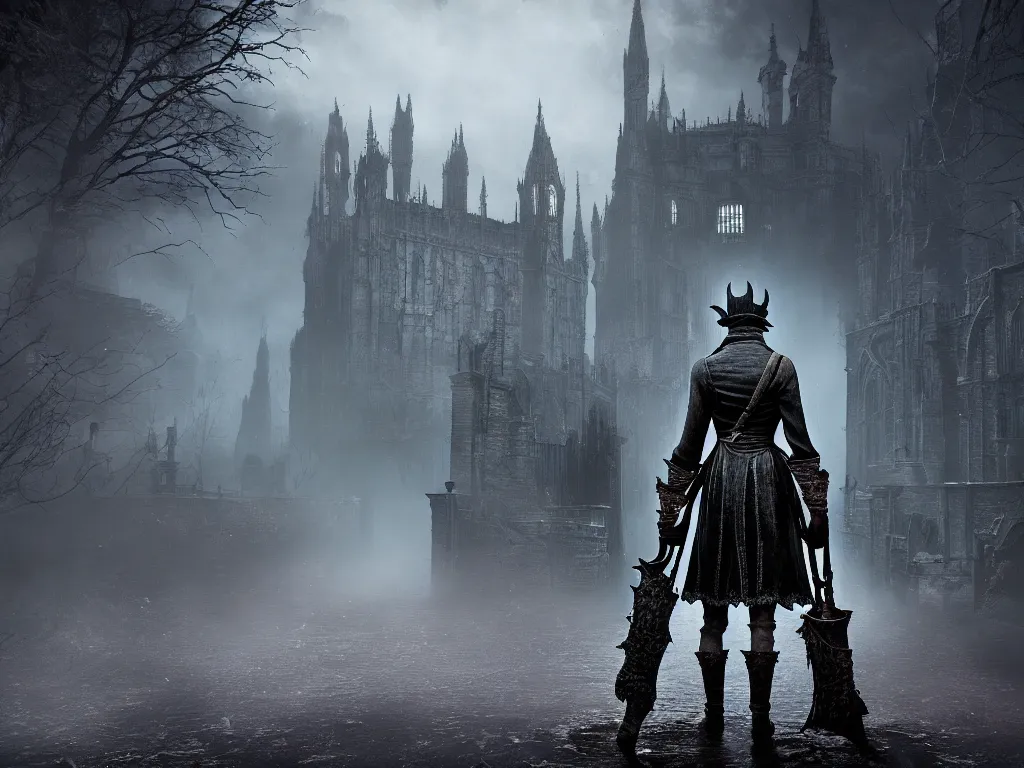 Image similar to bloodborne 2 hunter's dream, dark, nighttime, victorian england style, horror, serene, beautiful, heavy atmosphere, High Definition detail, 8K