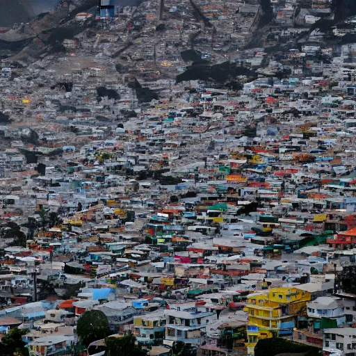 Prompt: color aerial view of San Francisco in 2035, as the sun is setting, and the bay is now filled in with a teeming favela, shanty houses of every different color, recycled materials, electric lines running everywhere, lights coming on in most of the houses, hyperdetailed, ap photo