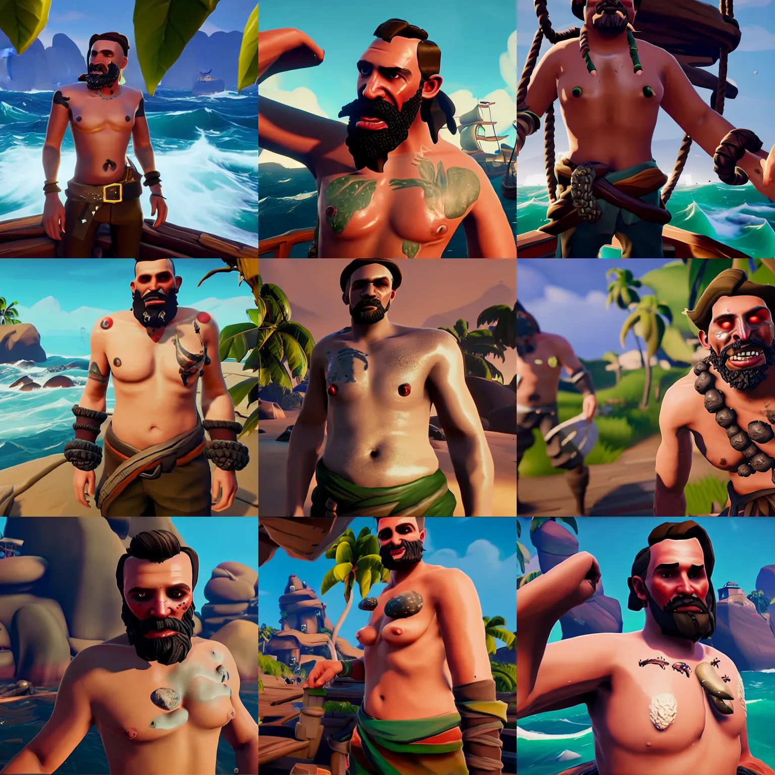 Prompt: barnacles growing on a man's chest, Sea of Thieves (2018), Unreal Engine