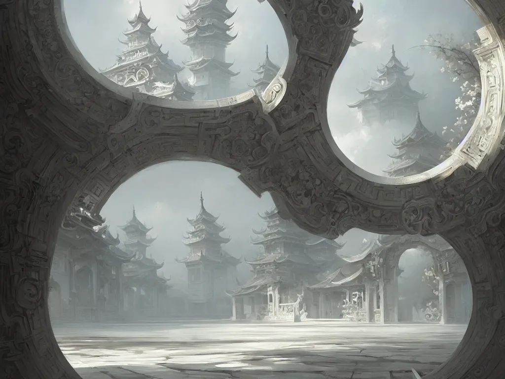 Image similar to circular gate in a white wall, leading to heaven. chinese architecture. fantasy. detailed. smooth. sharp focus. trending on artstation. artist greg rutkowski.