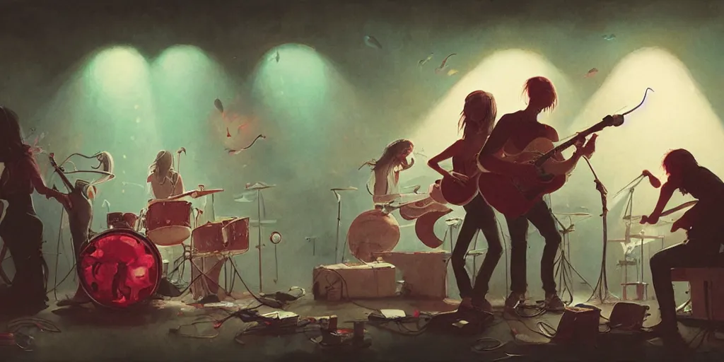 Prompt: blobfishes band play on drums and guitar, piano, rock concert, greg rutkowski