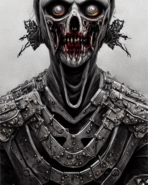 Image similar to portrait of a symmetric detailed zombie in realistic detailed medieval armor, ultra realistic, epic, highly detailed, hd, sharp focus, cinematic lighting, realistic, vivid colors, gritty, dreary, morose, morbid, fleshy, matt painting, digital art, non blurry, sharp, artstation, concept art, smooth, illustration