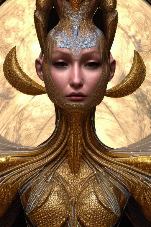 Prompt: a highly detailed metahuman 4 k close up render of an alien goddess bella hadid as kali in iris van herpen dress schiaparelli in diamonds swarovski and jewelry in style of alphonse mucha gustav klimt trending on artstation made in unreal engine 4