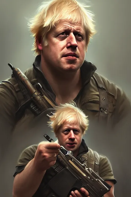 Prompt: Boris Johnson as Rambo, portrait, highly detailed, digital painting, artstation, concept art, smooth, sharp focus, illustration, cinematic lighting, art by artgerm and greg rutkowski and alphonse mucha