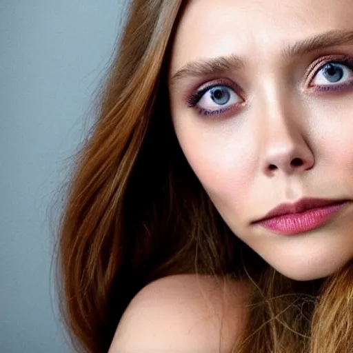Image similar to elizabeth olsen, hands on her face posing for the camera, studio lighting, closeup!!!!!!, macro!!!!!!, 3 5 mm!!!!!! lens, comprehensive art, neon atmosphere!!!!!!, intricately detailed, indistinguishably unique, 4 k, 8 k, detailed facial features